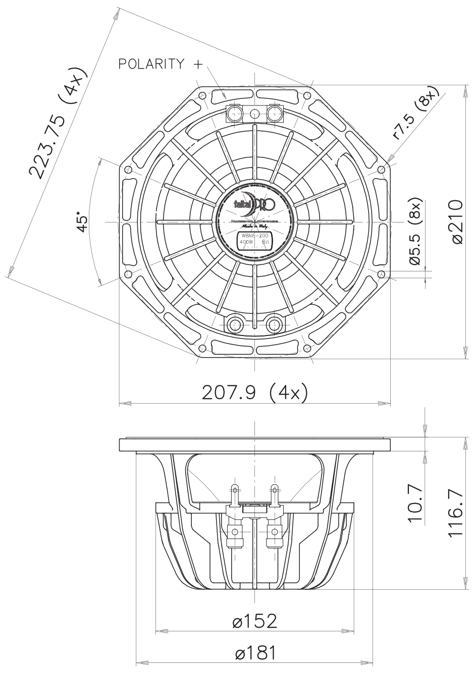 FaitalPRO W8N8-200 8Ω Dimensions