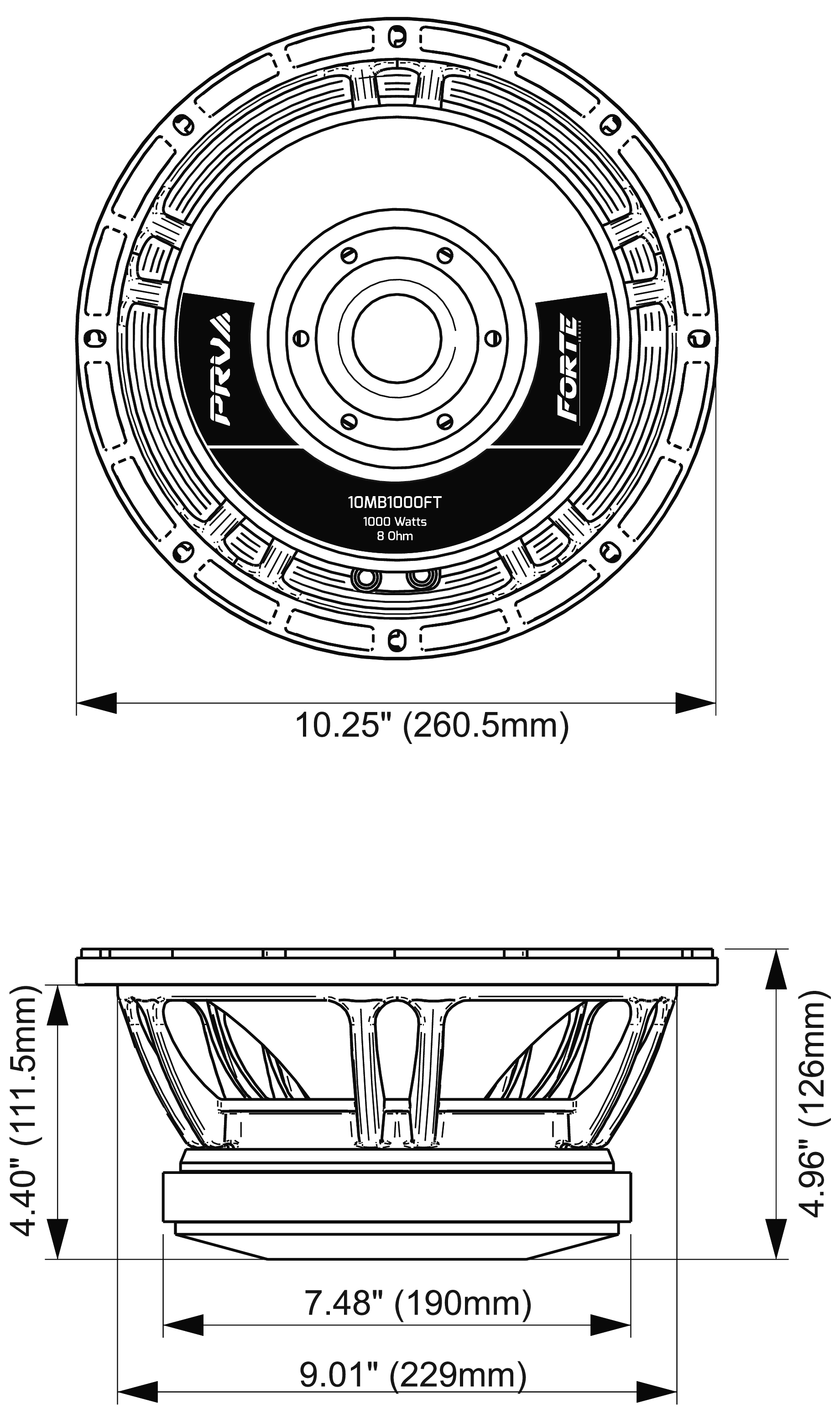 PRV Audio 10MB1000FT Dimensions