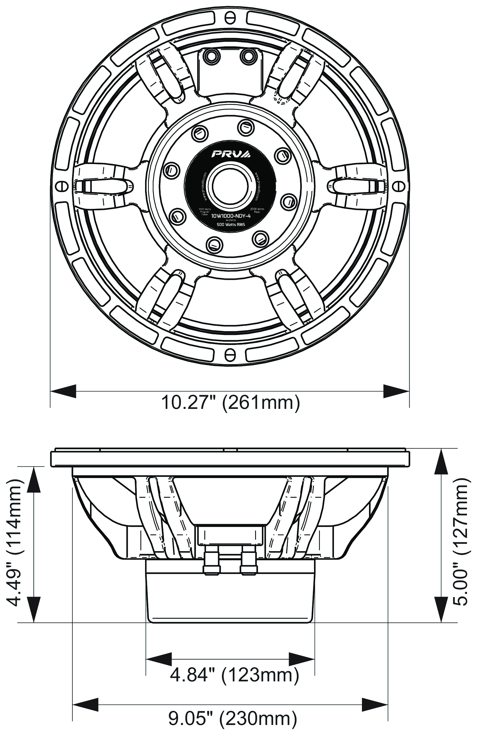 PRV Audio 10W1000-NDY-4 Dimensions