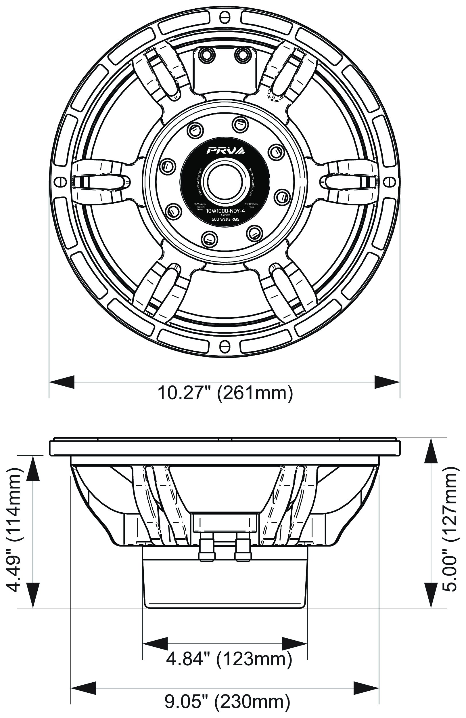 PRV Audio 10W1000-NDY Dimensions