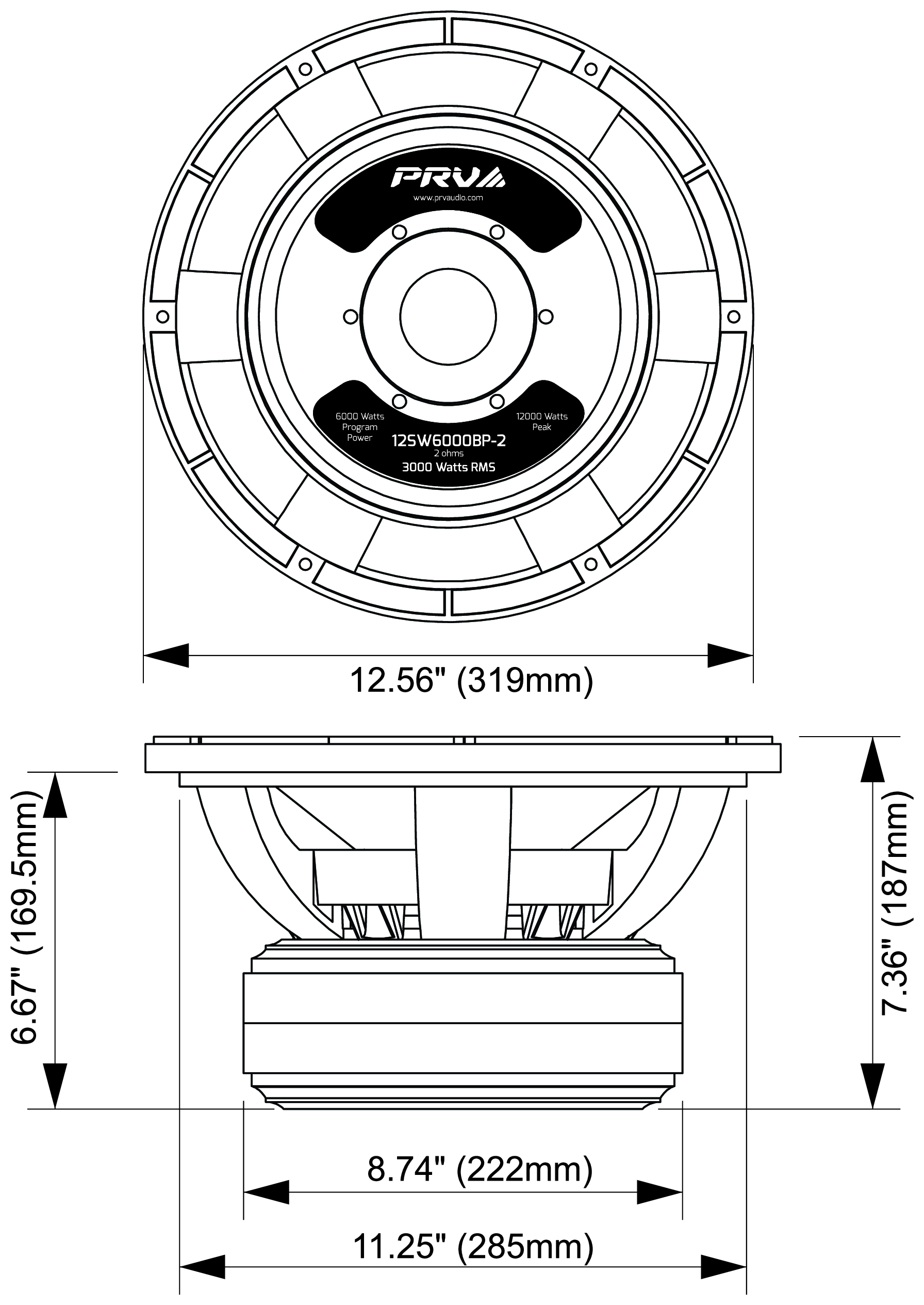 PRV Audio 12SW6000BP-2 Dimensions