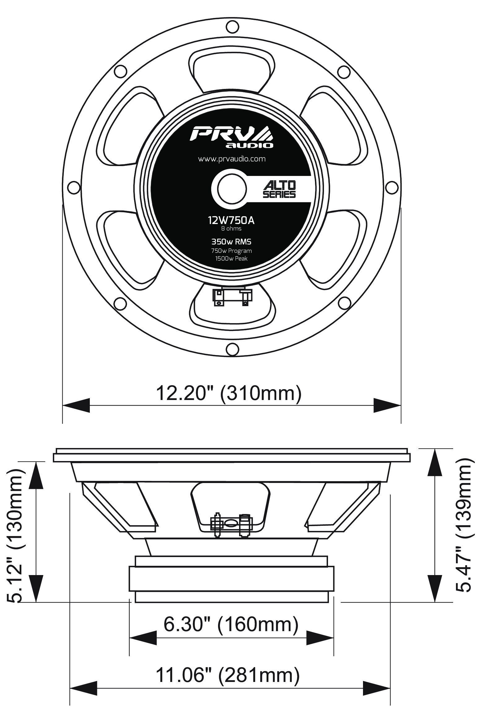 PRV Audio 12W750A Dimensions
