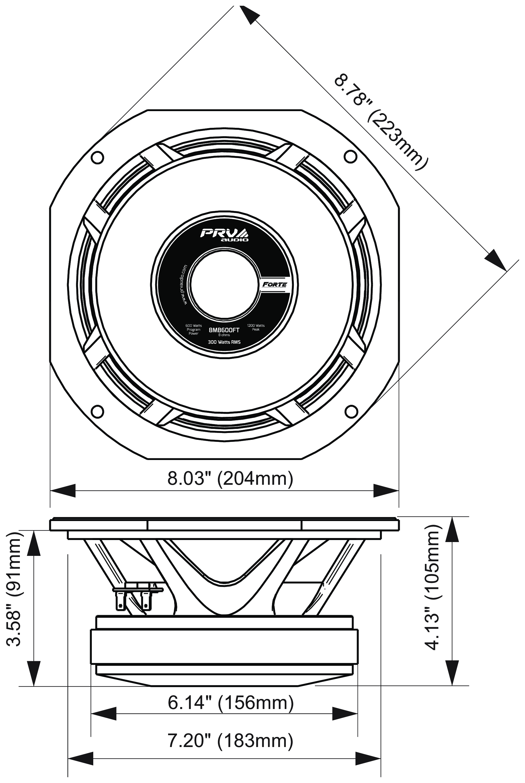 PRV Audio 8MB600FT Dimensions
