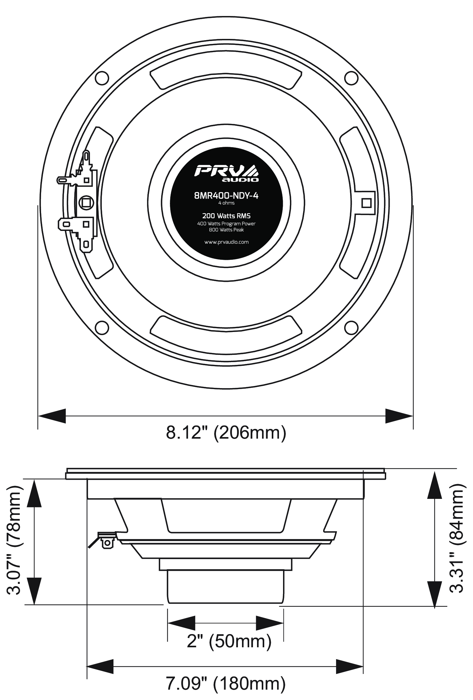 PRV Audio 8MR400-NDY-4 Dimensions