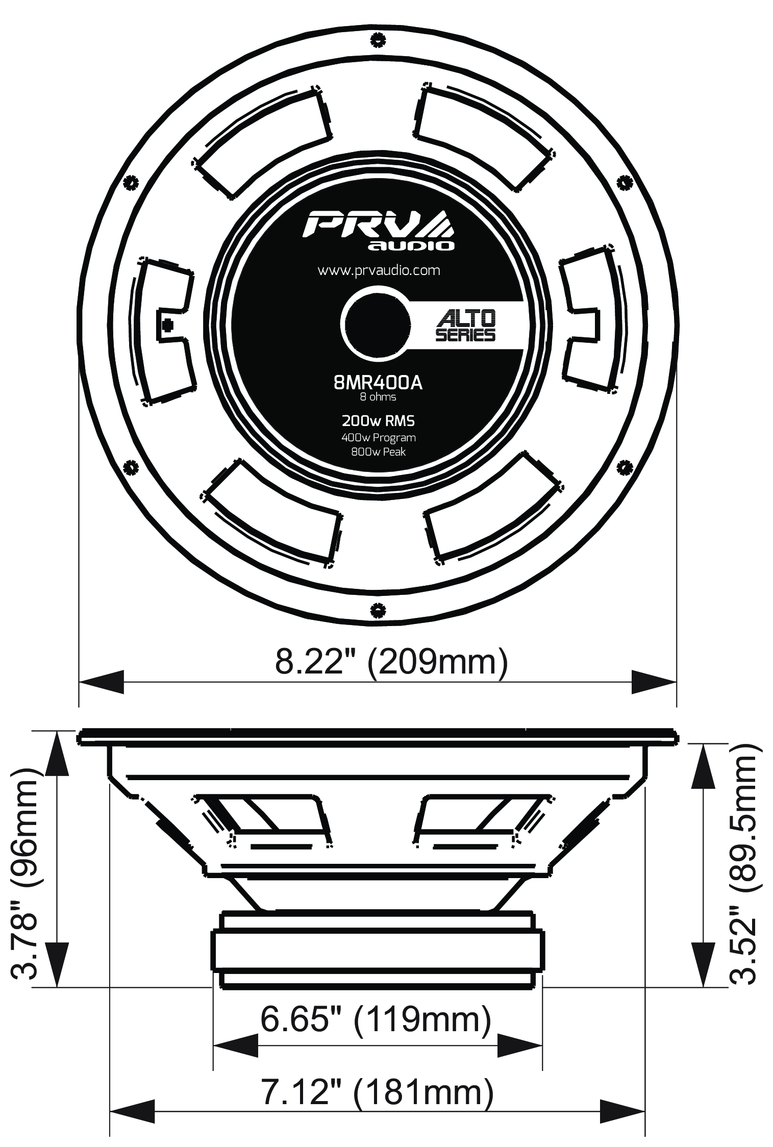 PRV Audio 8MR400A Dimensions