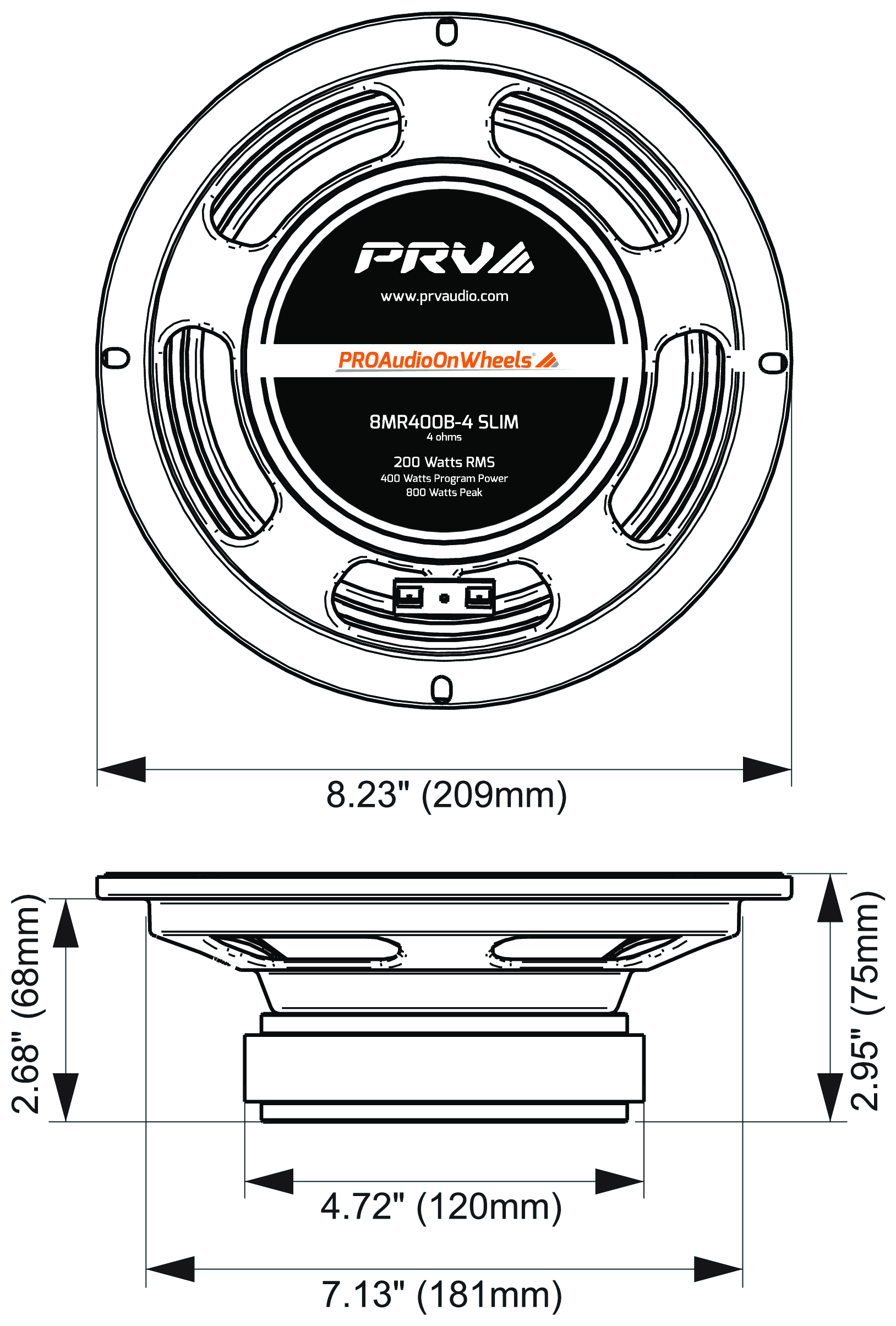 PRV Audio 8MR400B-4 SLIM Dimensions