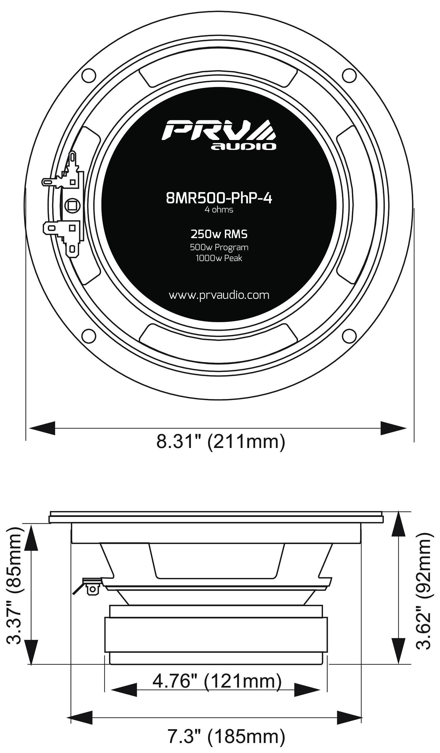 PRV Audio 8MR500-PhP-4 Dimensions