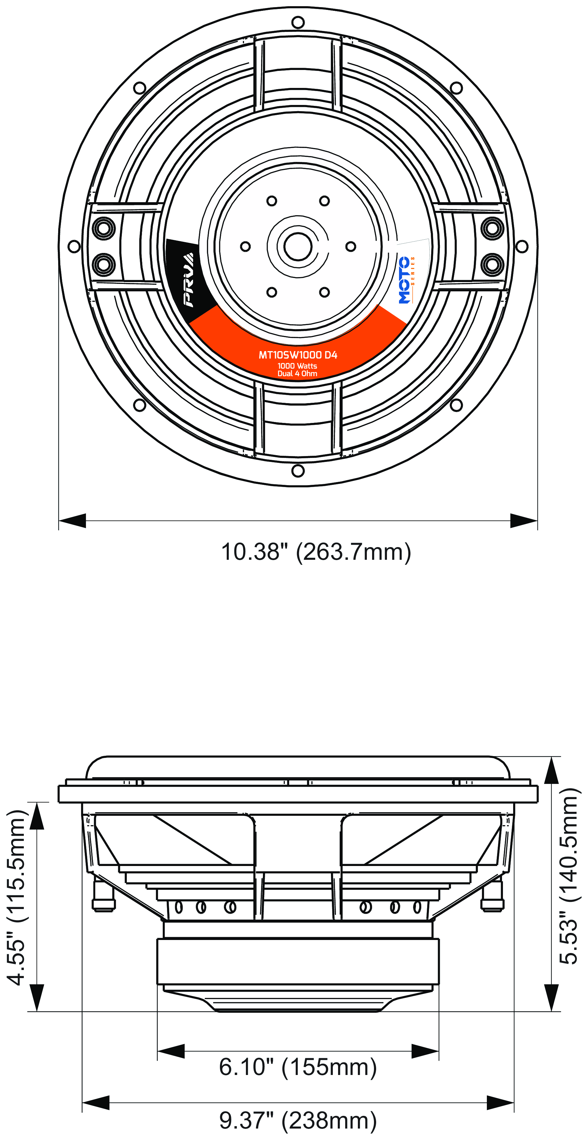 PRV Audio MT10SW1000 D4 Dimensions