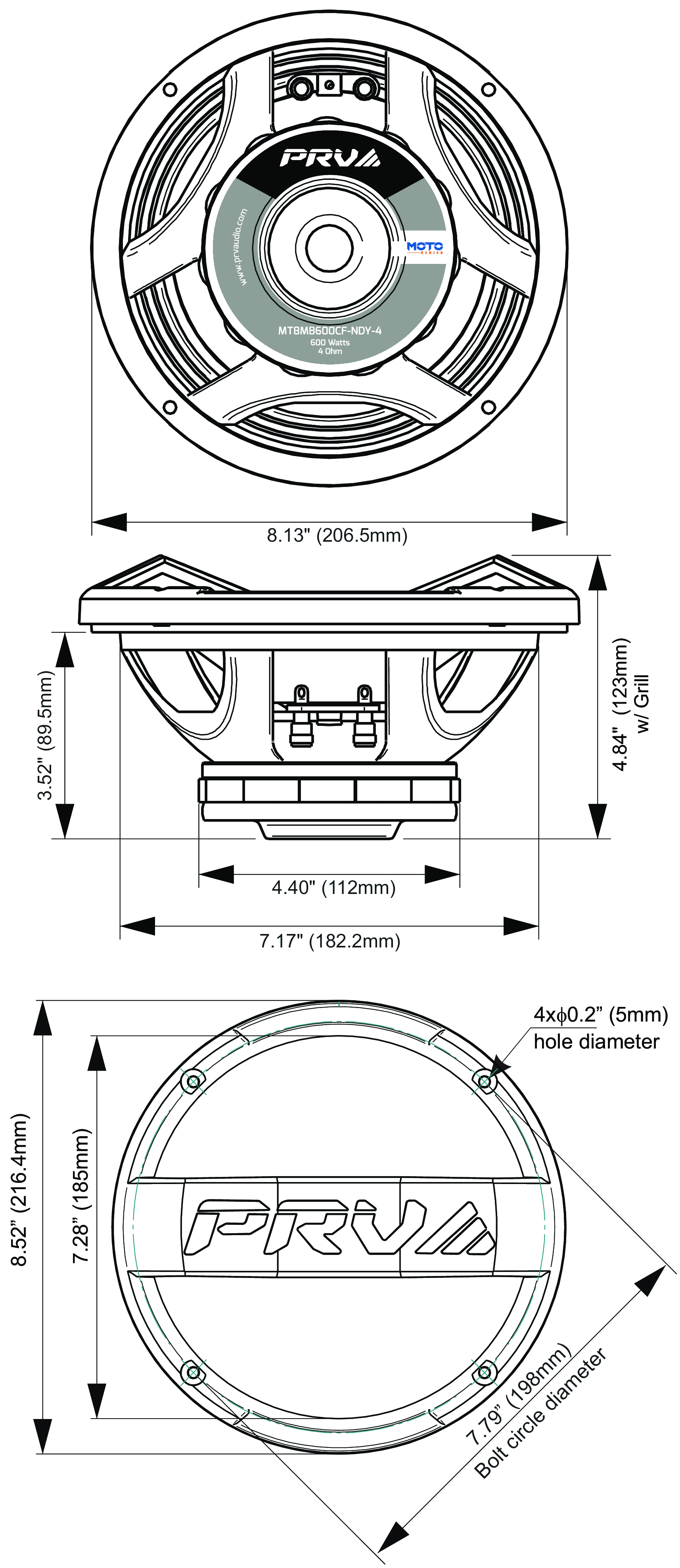 PRV Audio MT8MB600CF-NDY-4 Dimensions