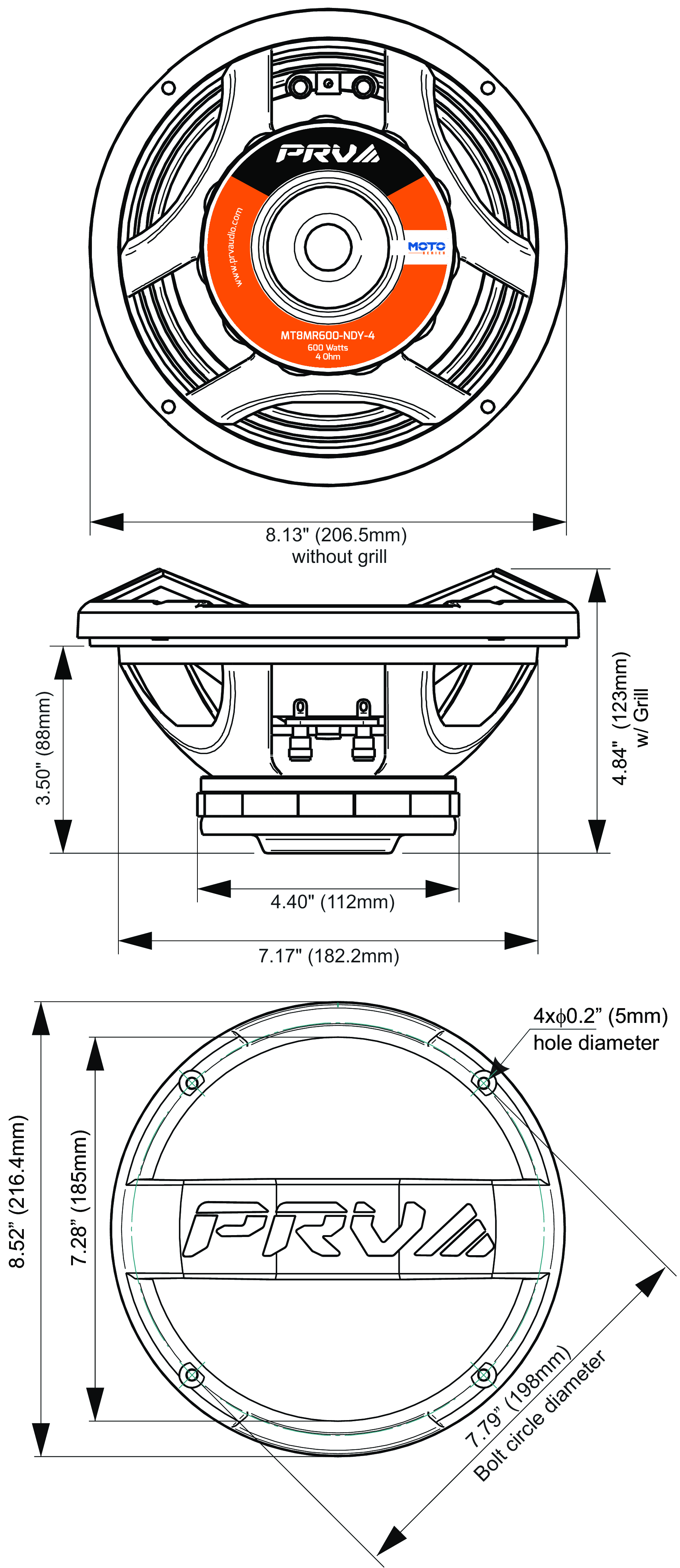PRV Audio MT8MR600-NDY-4 Dimensions