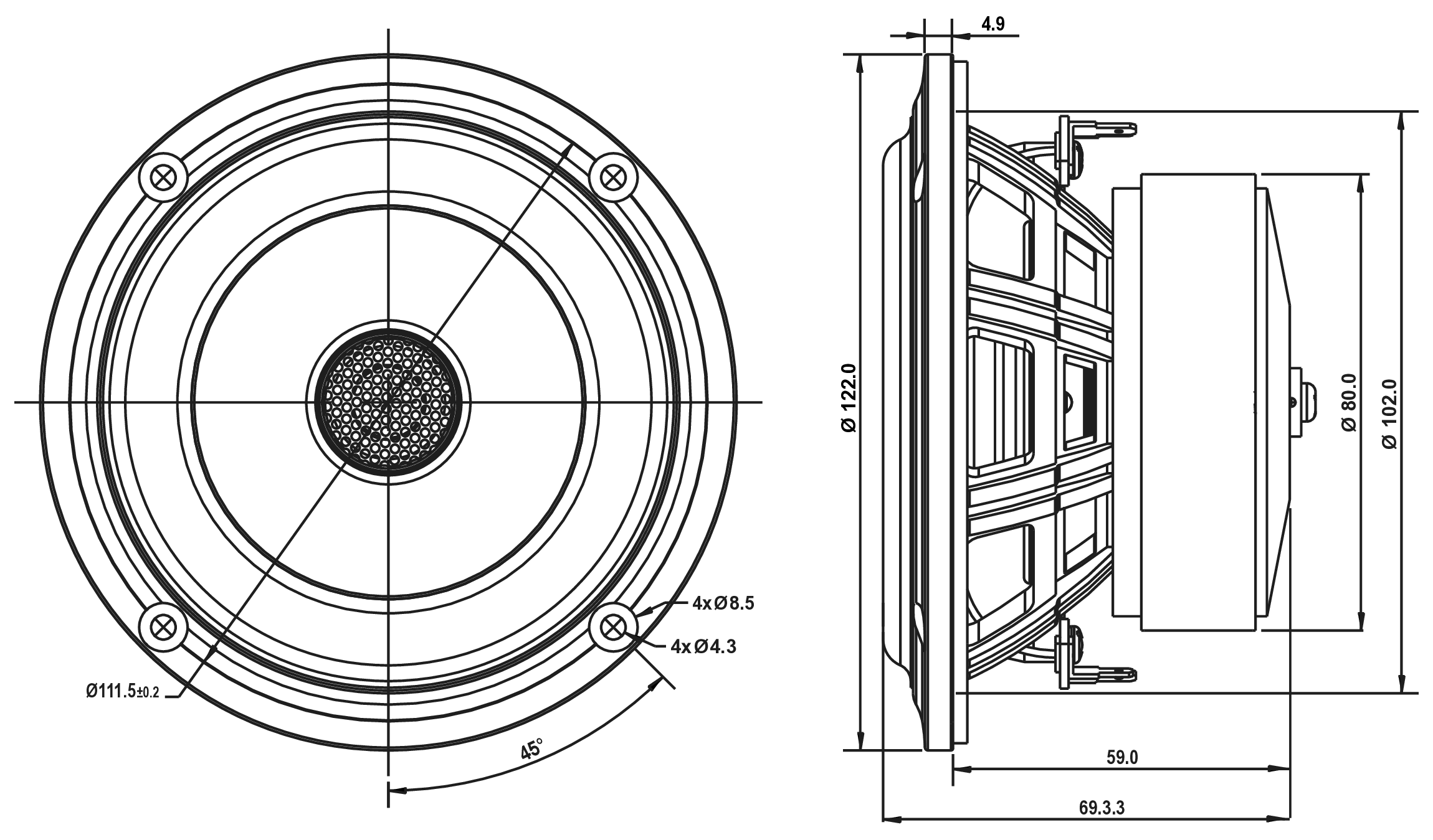 SB Acoustics SB12PACR25-4-COAX Dimensions