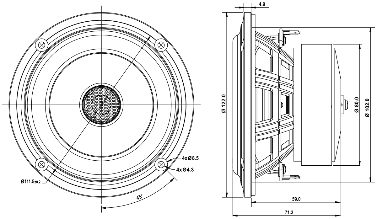SB Acoustics SB12PFC25-4-COAX Dimensions