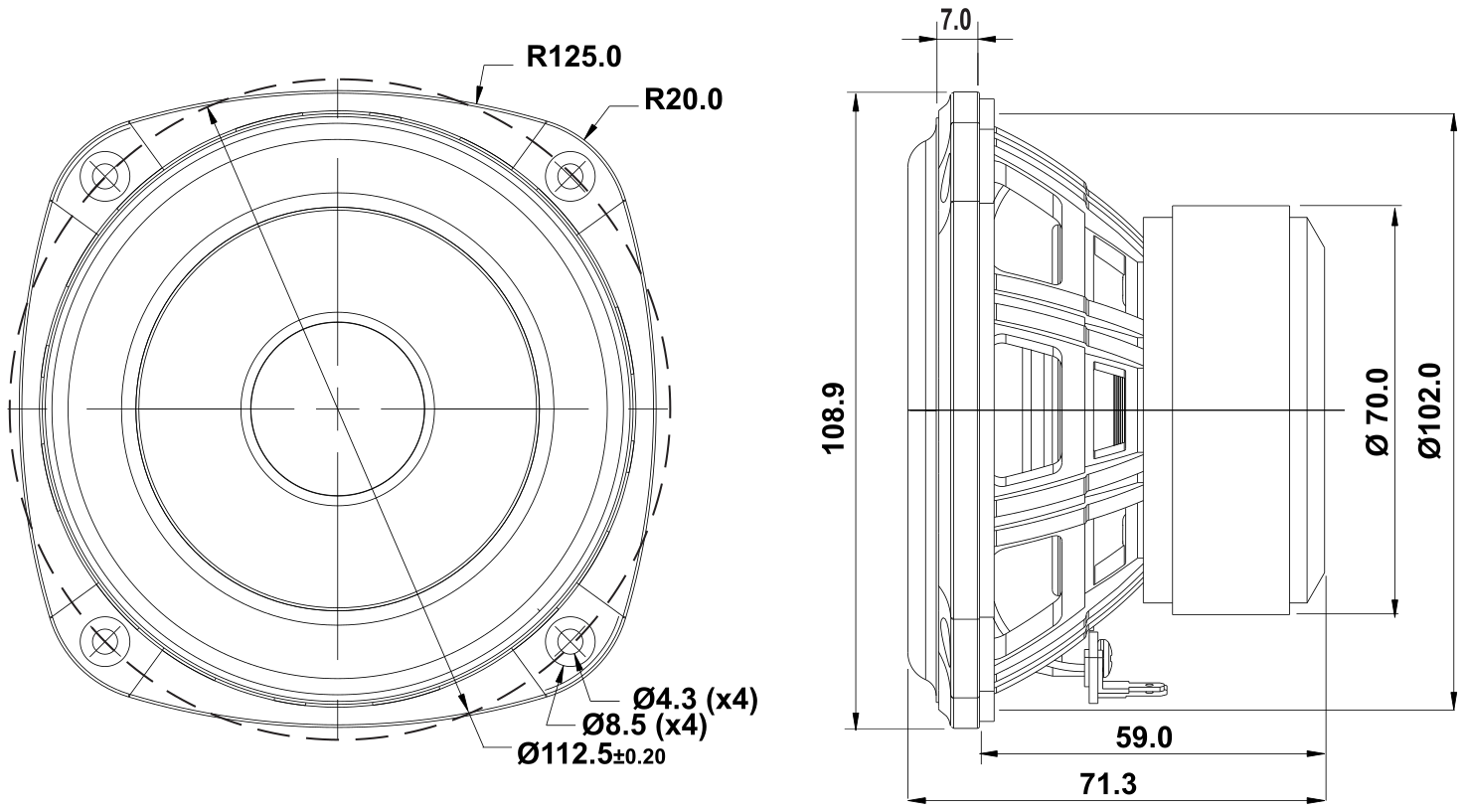 SB Acoustics SB12PFC25-4 Dimensions