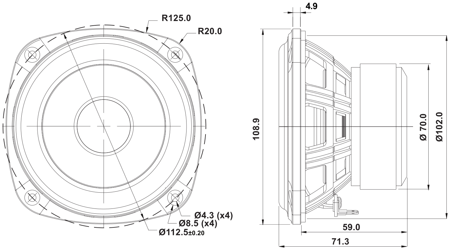 SB Acoustics SB12PFC25-8 Dimensions