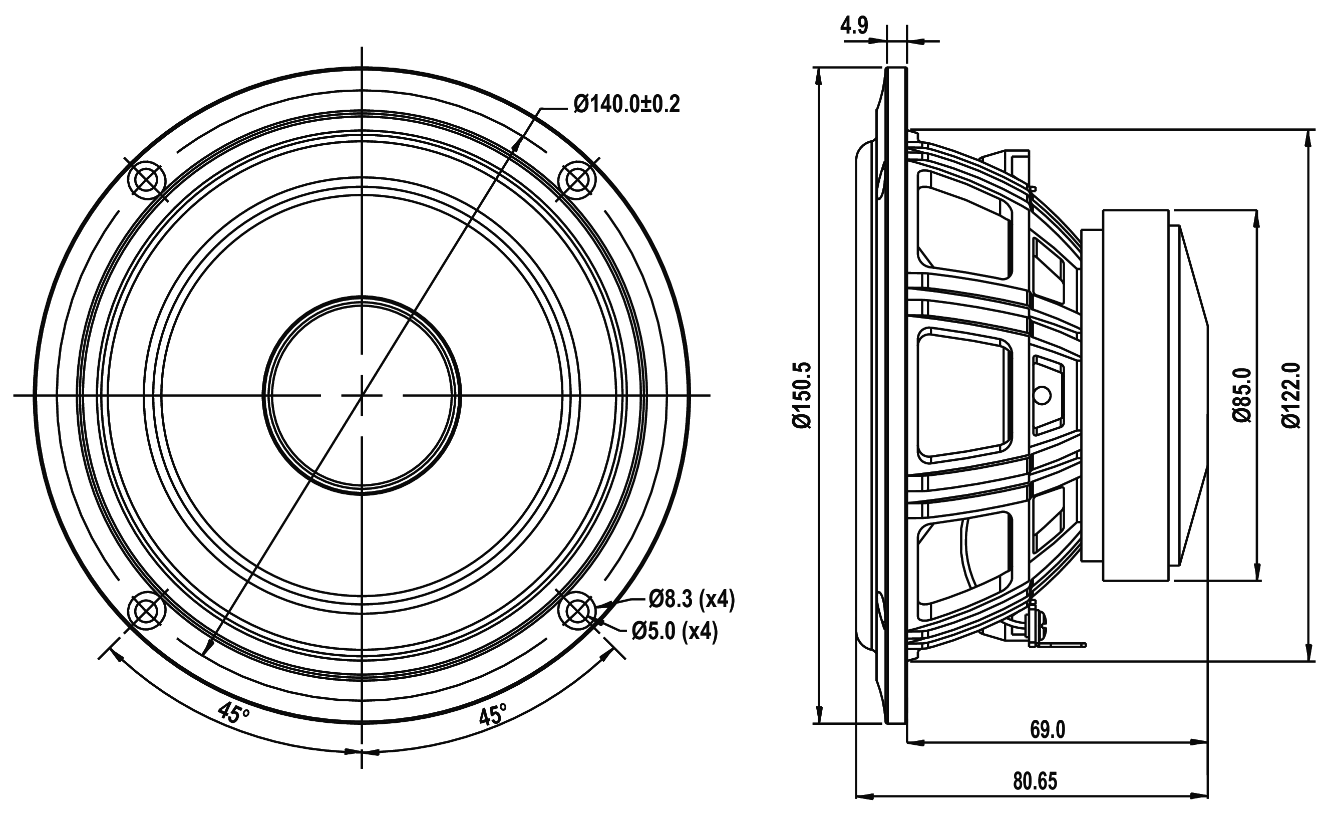 SB Acoustics SB13PFCR25-8 Dimensions