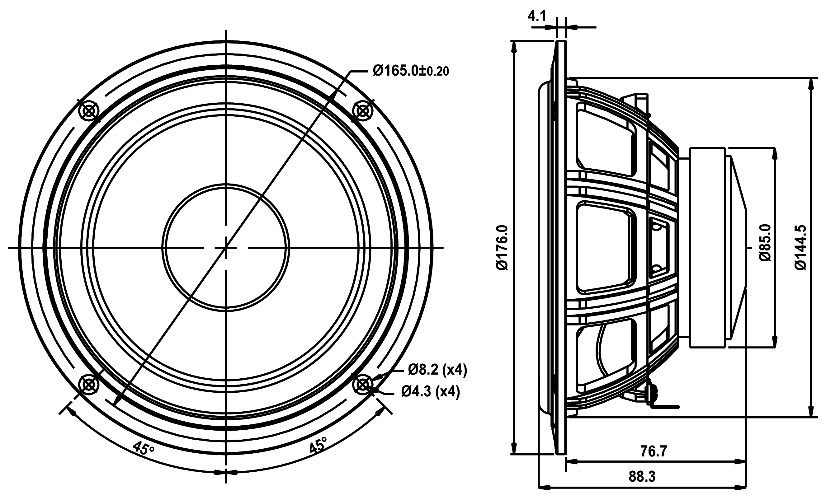 SB Acoustics SB16PFCR25-4 Dimensions