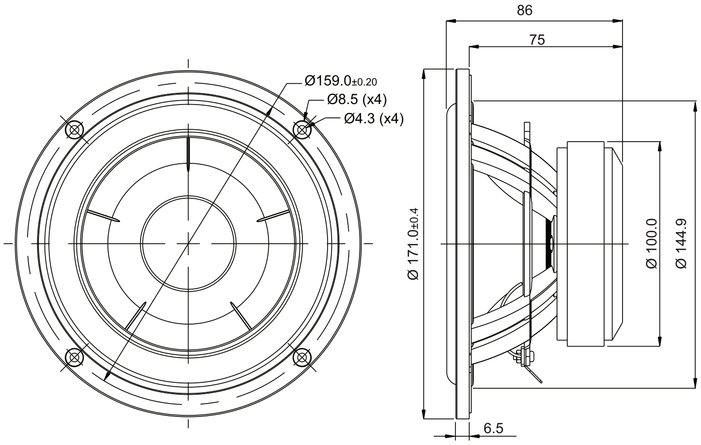 SB Acoustics SB17CAC35-4 Dimensions