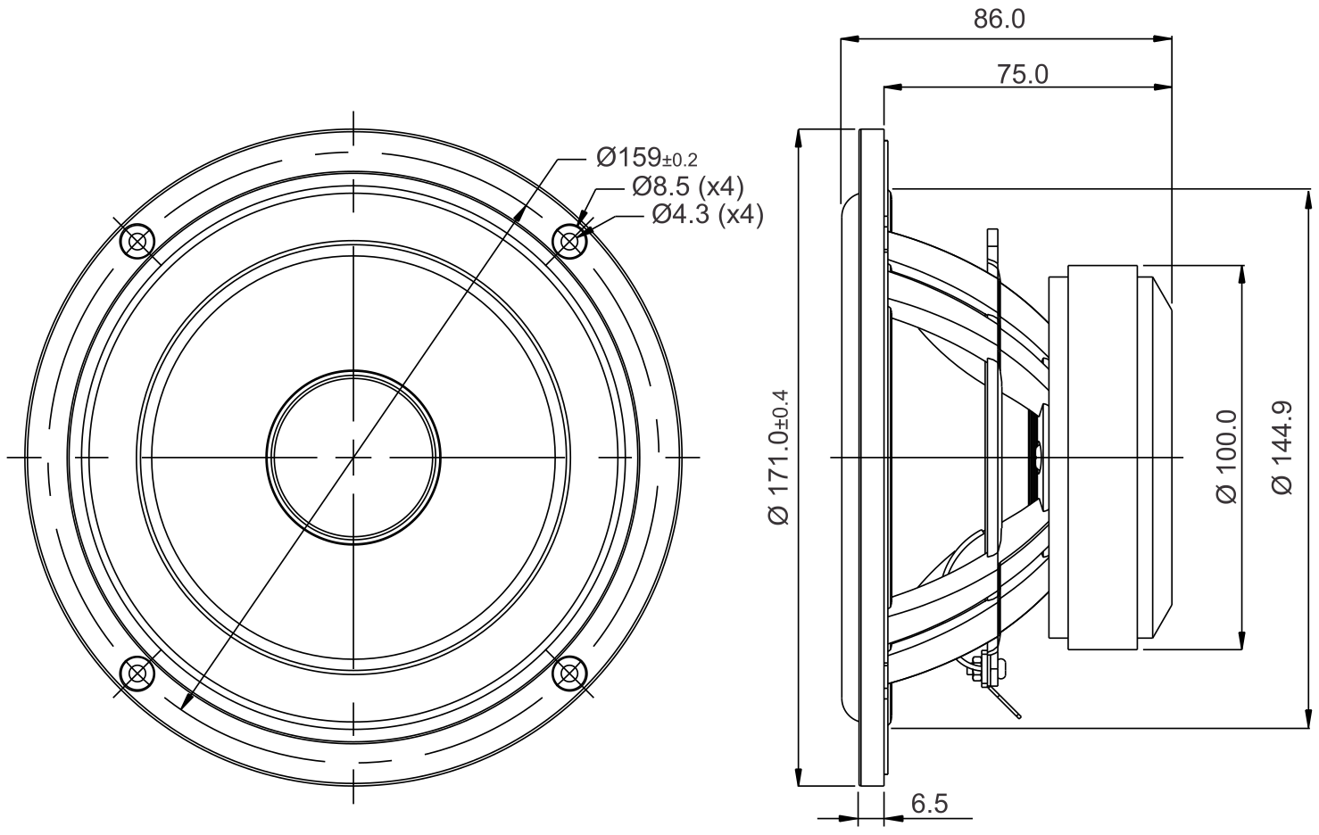 SB Acoustics SB17MFC35-4 Dimensions