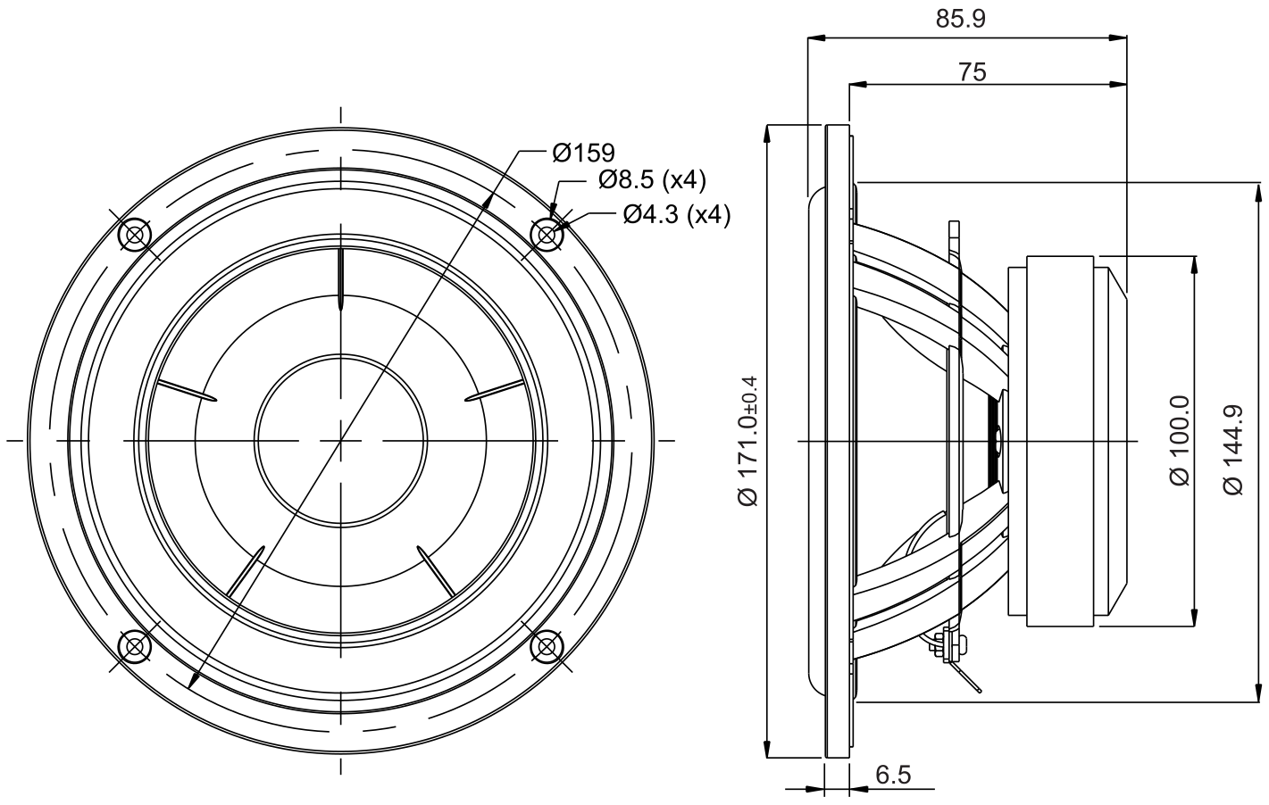 SB Acoustics SB17NAC35-4 Dimensions