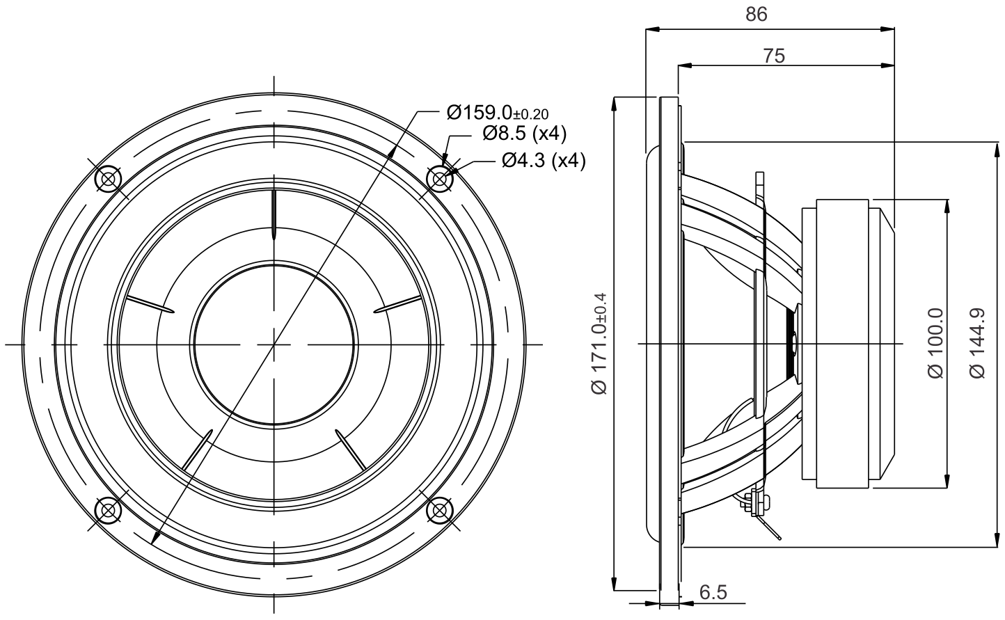 SB Acoustics SB17NAC35-8 Dimensions