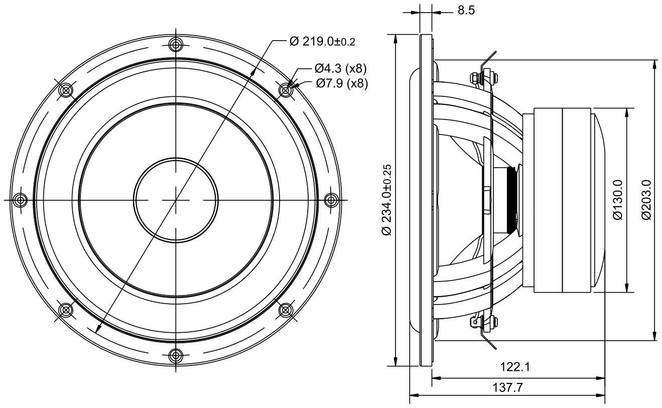 SB Acoustics SB23MFCL45-8 Dimensions