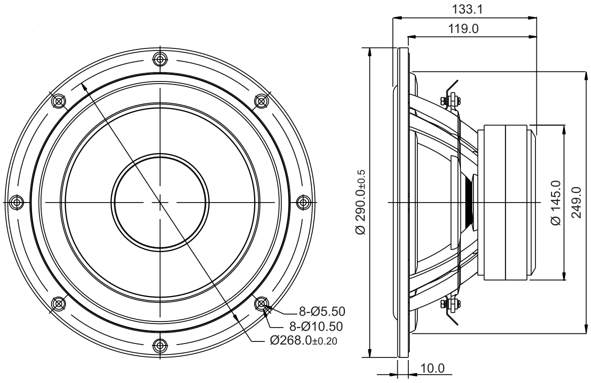 SB Acoustics SB29SWNRX-S75-6 Dimensions