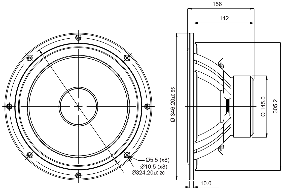 SB Acoustics SB34SWNRX-S75-6 Dimensions