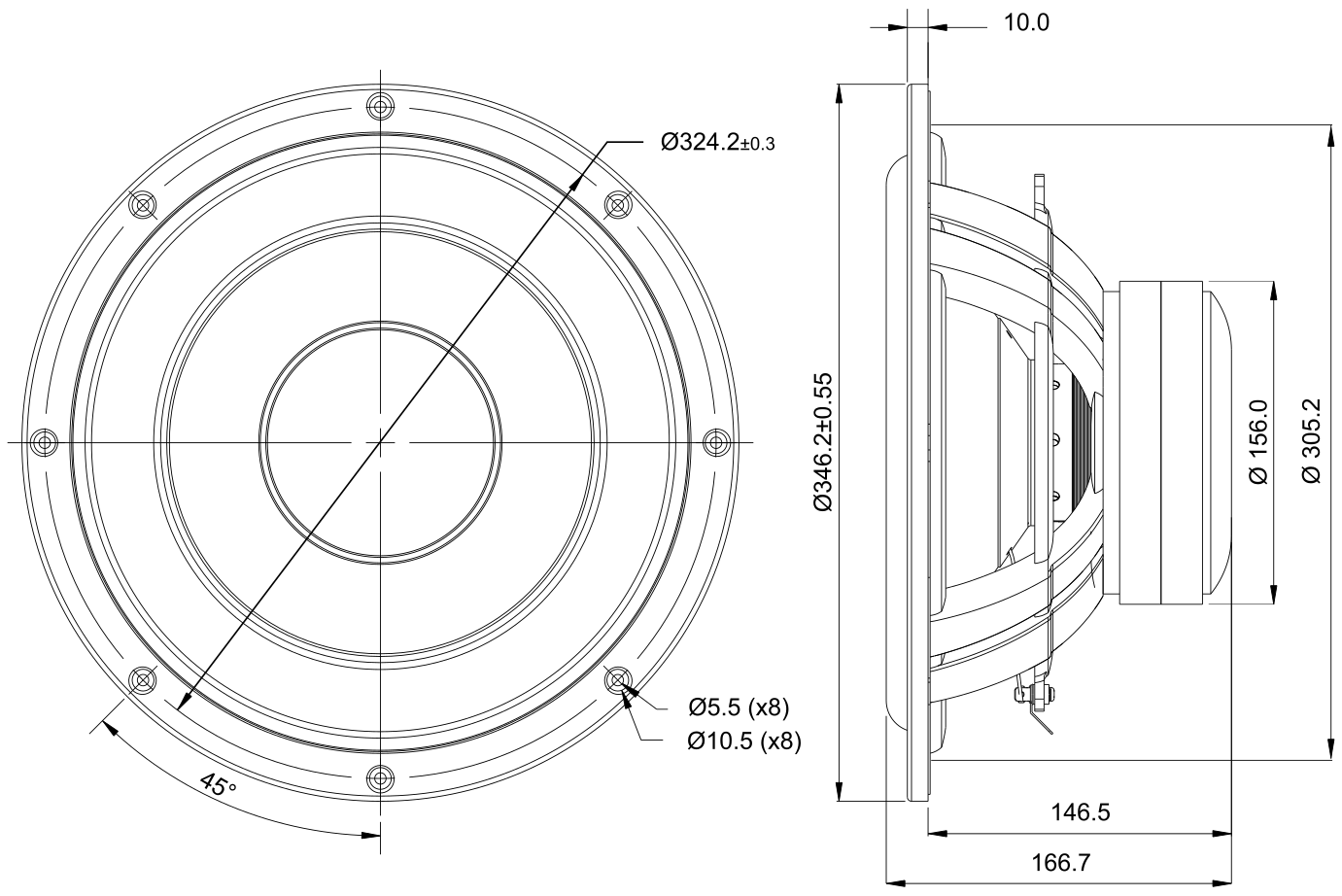 SB Acoustics SB34SWPL76-4 Dimensions