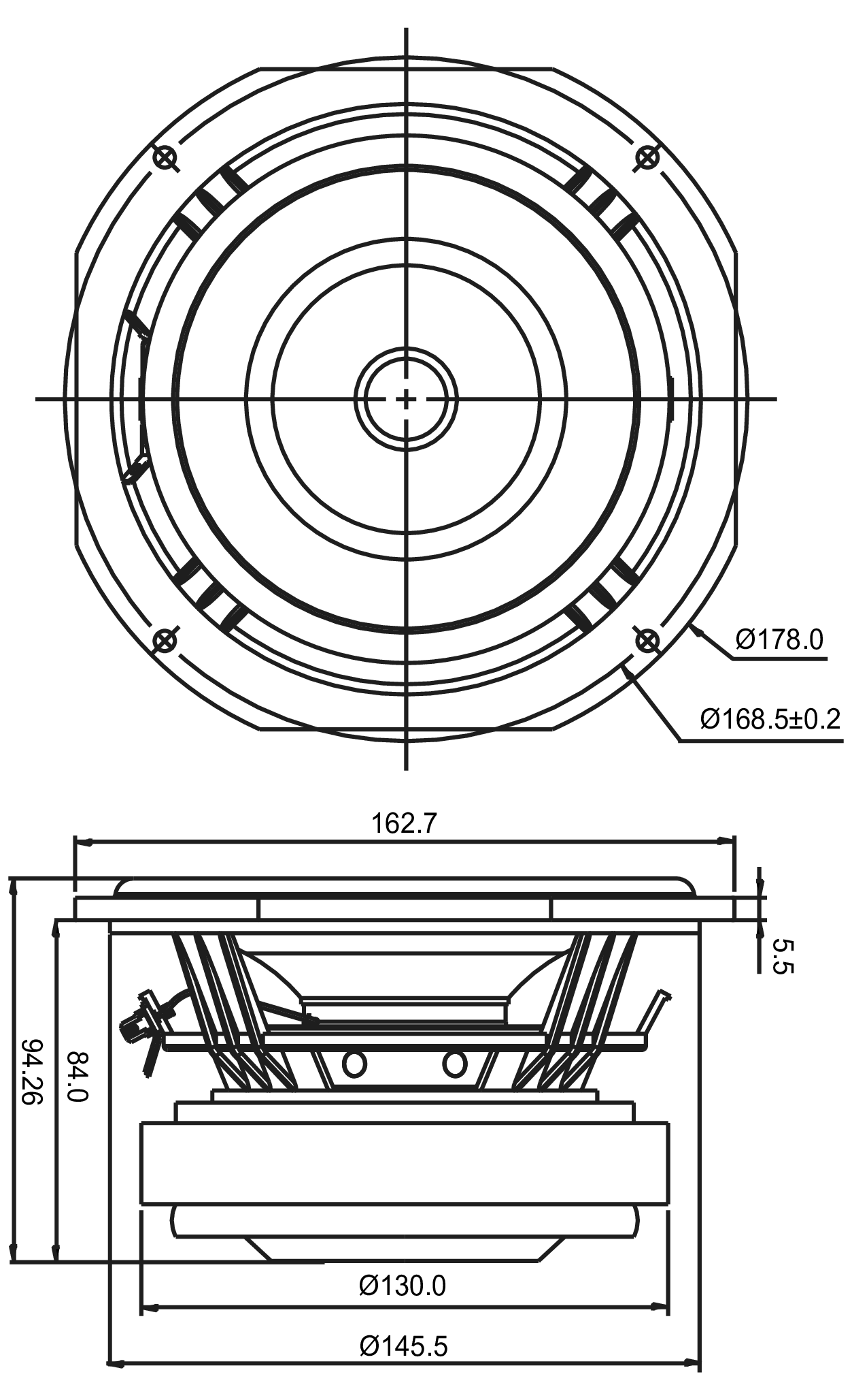 SB Audience ROSSO-6MW150D Dimensions