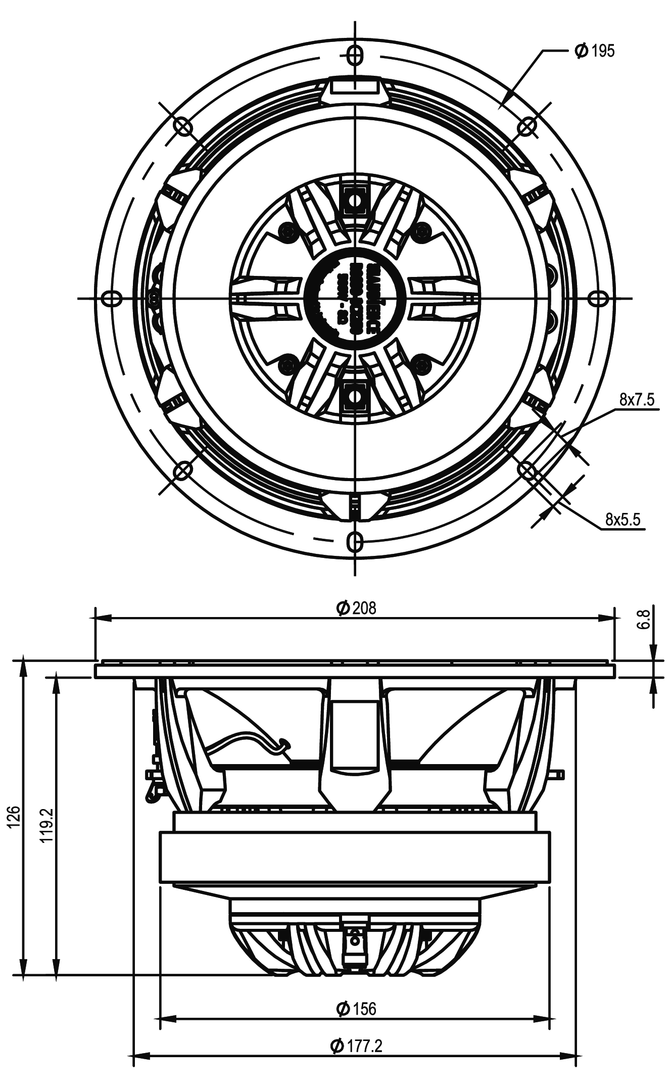 SB Audience ROSSO-8CX250 Dimensions
